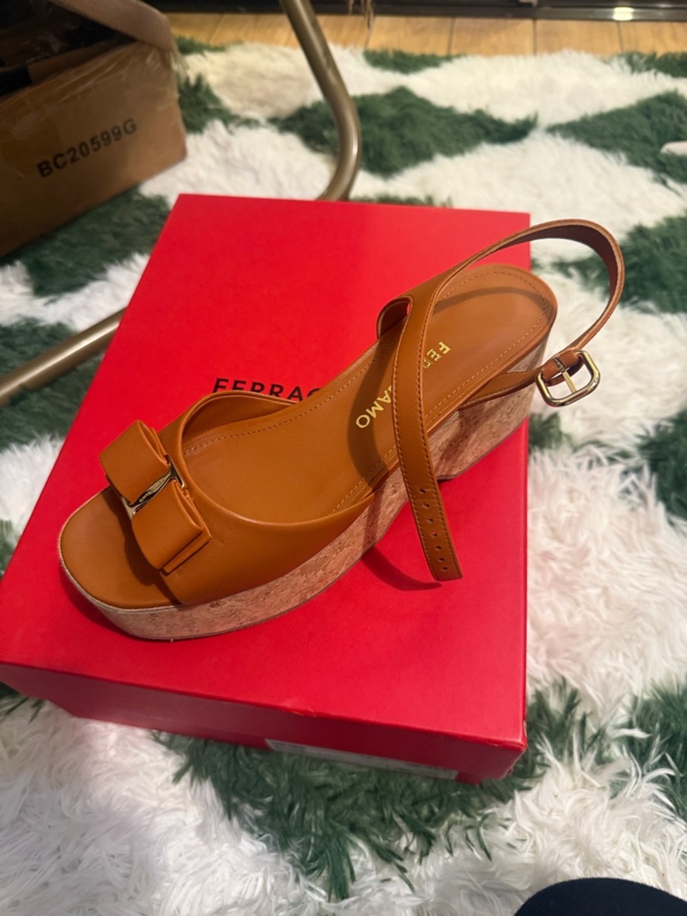 Salvatore Ferragamo Tan Leather Cork Wedge Sandals with Bow